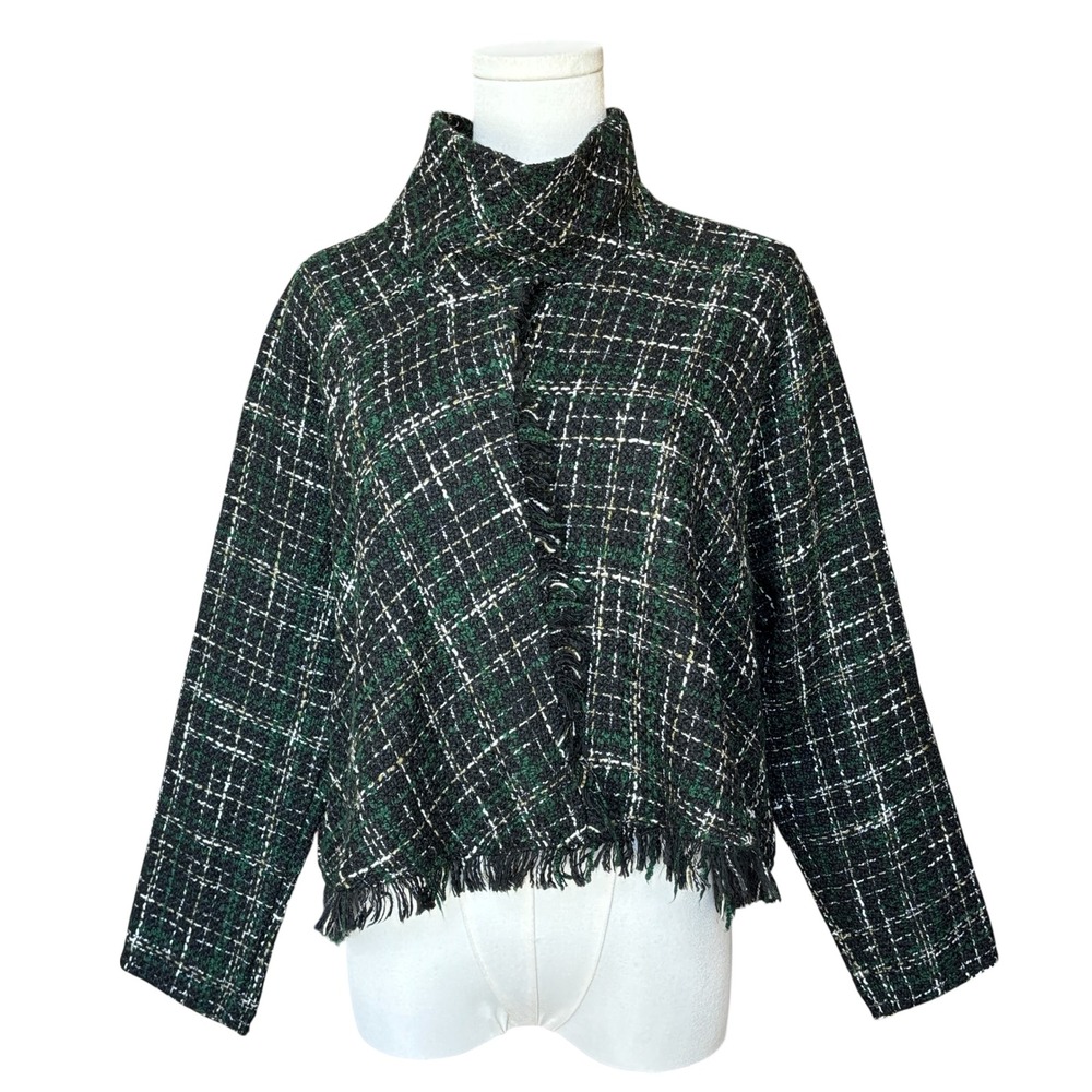 Zara Black‎ Green Plaid Tweed Cropped Sweater Top Fringe Sz M